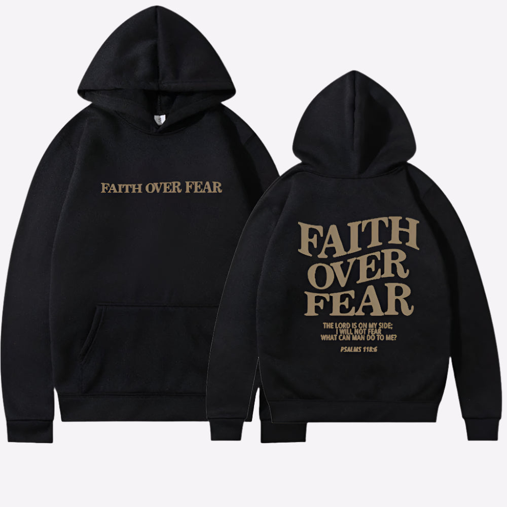 Faith Over Fear hoodie featuring bold gold lettering, perfect blend of style and inspiration for confident wear.