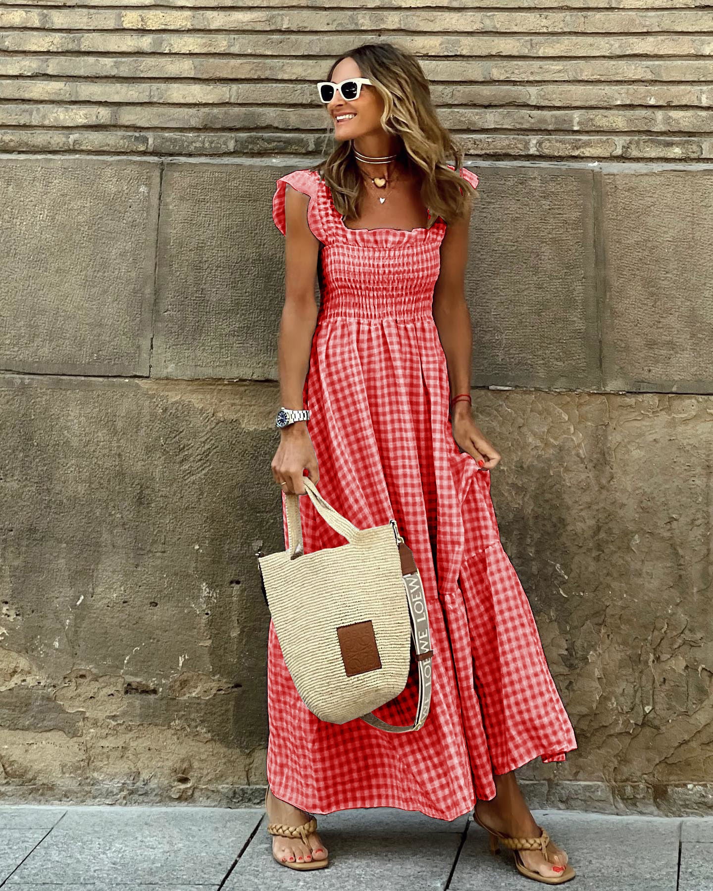 Summer Plaid Sleeveless Ruffle A-Line Dress Red Dresses