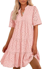 Women's V Neck Short Sleeve Hollow Out Mini Dress Pink Dresses