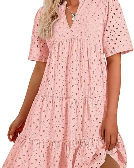 Amberly™ | Women's V Neck Short Sleeve Hollow Out Mini Dress Pink Dress