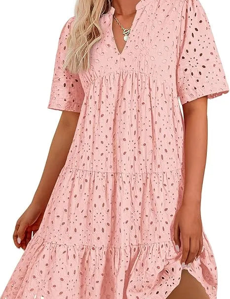 Women's V Neck Short Sleeve Hollow Out Mini Dress Pink Dresses