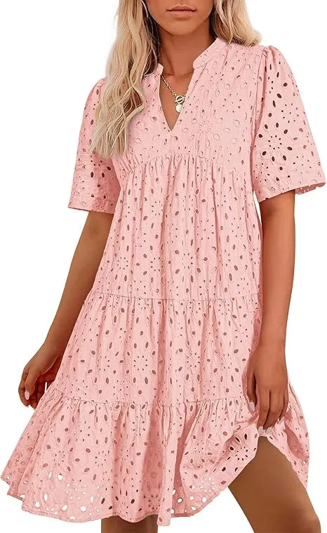 Women's V Neck Short Sleeve Hollow Out Mini Dress Pink Dresses
