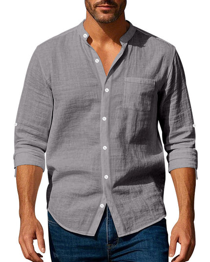 Men’s Stand‑Collar Long‑Sleeve Shirt with Pockets Dark Gray Shirts