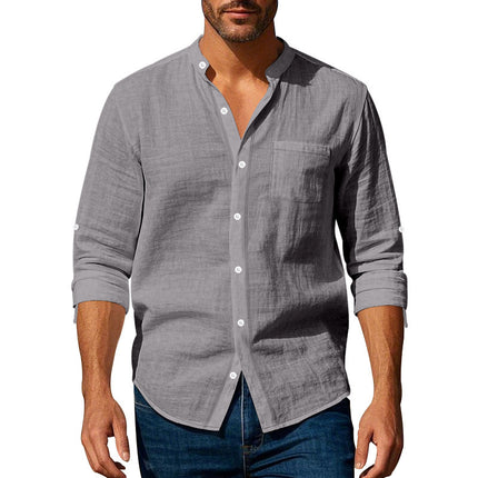 Men’s Stand‑Collar Long‑Sleeve Shirt with Pockets Dark Gray Shirts