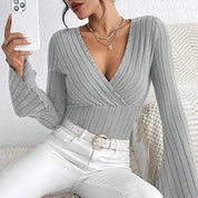 Women’s Ribbed Stripe V‑Neck Slim Fit Long-Sleeve Top Sweaters
