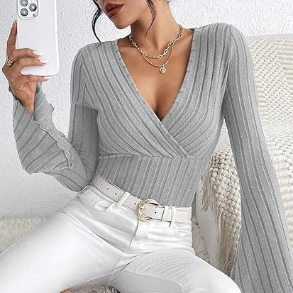 Women’s Ribbed Stripe V‑Neck Slim Fit Long-Sleeve Top Sweaters