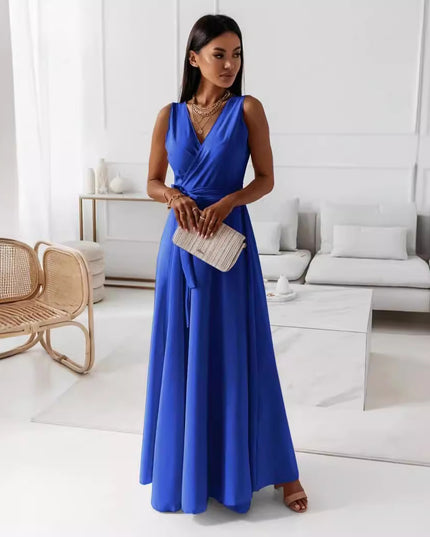 Women's V-Neck Sleeveless Belted Maxi Dress Dress