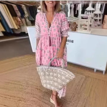 Bohemian Lantern Sleeve Ruffle Maxi Dress Pink Dresses