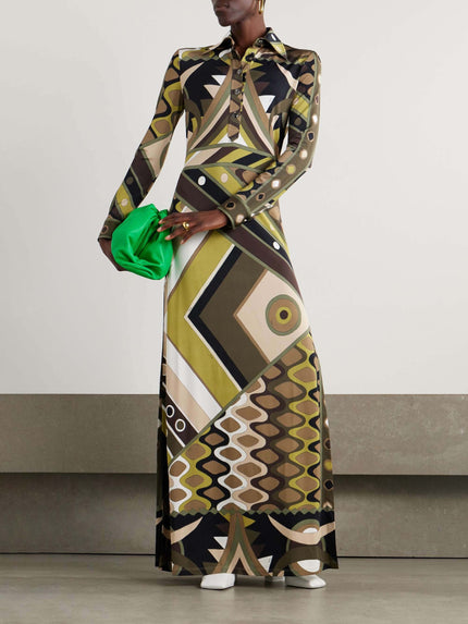 Retro Personality Abstract Print Long Sleeve Maxi Dress Green Dresses
