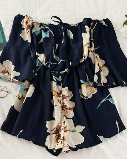 Off-Shoulder Floral Print Jumpsuit with Tie Flare Sleeves Dark Blue One size Jumpsuit