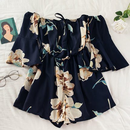 Off-Shoulder Floral Print Jumpsuit with Tie Flare Sleeves Dark Blue One size Jumpsuit