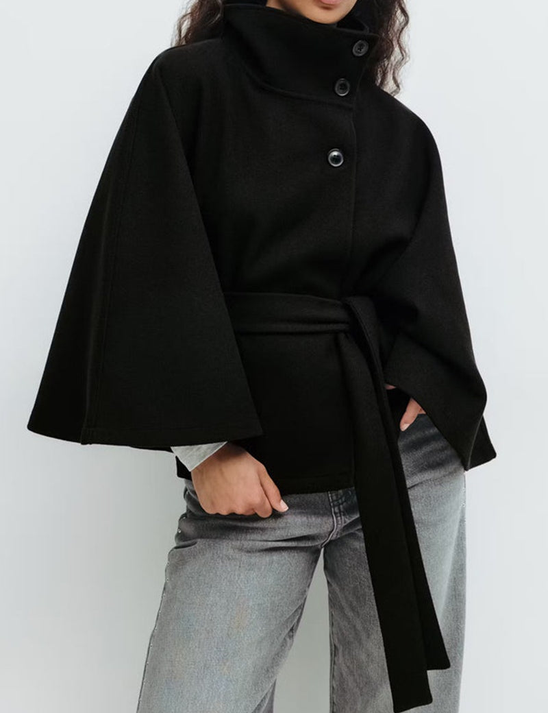 High-Neck Batwing Sleeve Trench Coat with Belt Black Women's Coats & Jackets