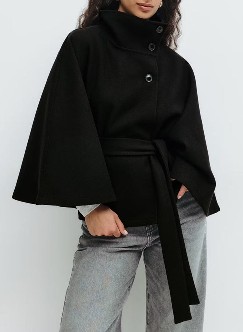 High-Neck Batwing Sleeve Trench Coat with Belt Black Women's Coats & Jackets