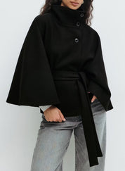 High-Neck Batwing Sleeve Trench Coat with Belt Black Women's Coats & Jackets