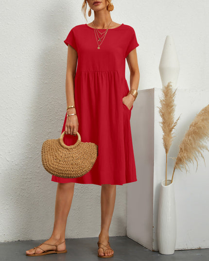 Women’s A‑Line Short‑Sleeve Dress with Pockets Red Dresses