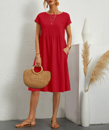 Women’s A‑Line Short‑Sleeve Dress with Pockets Red Dresses