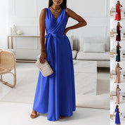Women's V-Neck Sleeveless Belted Maxi Dress Dress