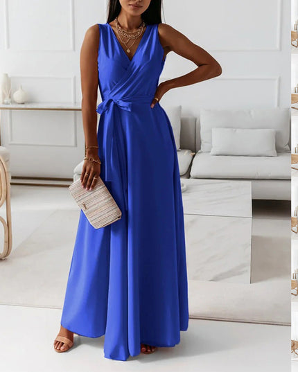Women's V-Neck Sleeveless Belted Maxi Dress Dress