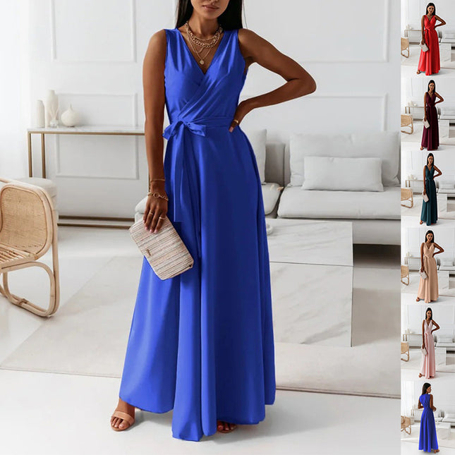 Women's V-Neck Sleeveless Belted Maxi Dress Dress
