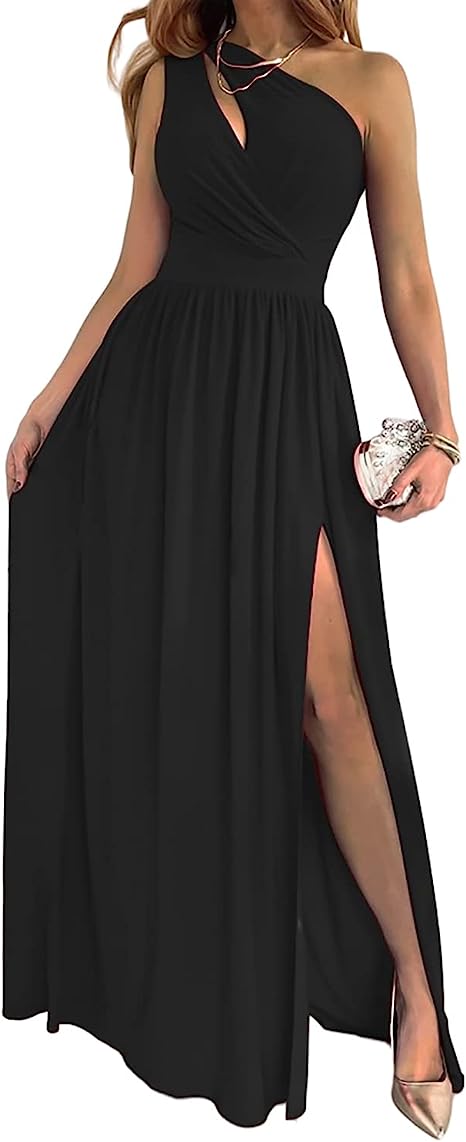 Women's One Shoulder High Split Cutout Sleeveless Elegant Sexy Cocktail Maxi Dress Dresses