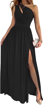 Women's One Shoulder High Split Cutout Sleeveless Elegant Sexy Cocktail Maxi Dress Dresses