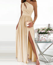 Women's One Shoulder High Split Cutout Sleeveless Elegant Sexy Cocktail Maxi Dress Apricot Dresses