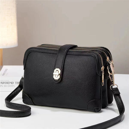 Elegant Multi-Layer Soft Leather Handbag Black Leather Bag