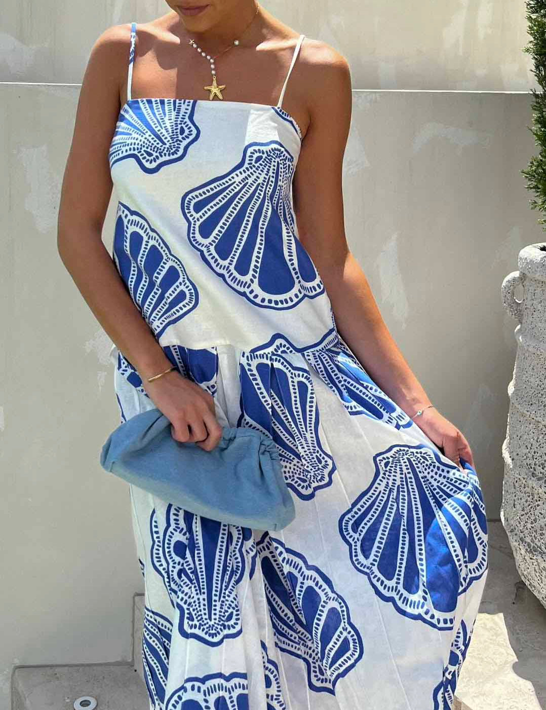 Holiday Casual Ocean Shell Print Sling Maxi Dress Dresses