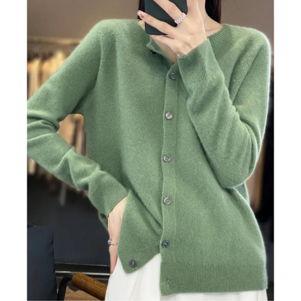 Pure Wool Ladies O-neck Cardigan Cashmere Sweater Light green Sweater