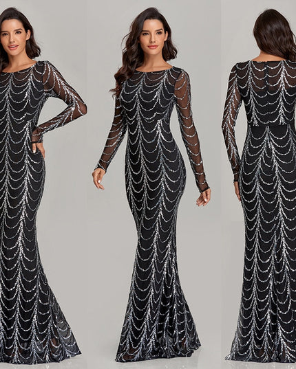 Elegant Sequin Long Sleeve Maxi Dress Figure1 Dresses