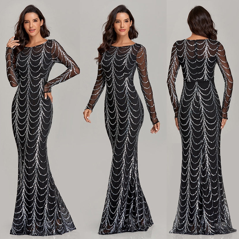 Elegant Sequin Long Sleeve Maxi Dress Figure1 Dresses
