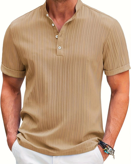 Men's Summer Stand Collar Button Short Sleeve Polo Shirt – Solid Color Striped Casual Beachwear Caramel Polo Shirts
