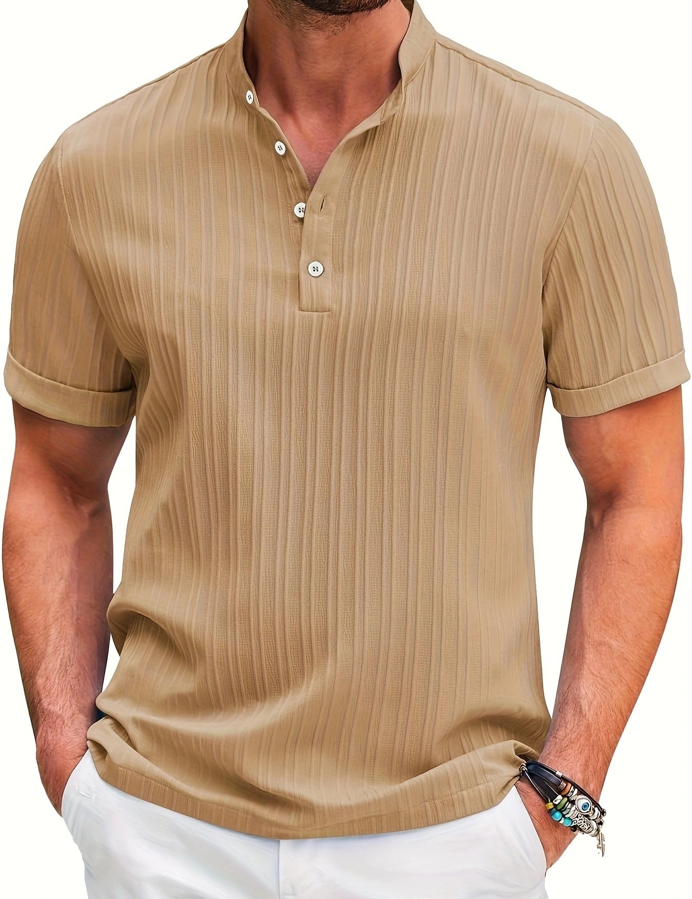 Men’s Summer Stand‑Collar Short‑Sleeve Polo Caramel T-Shirts
