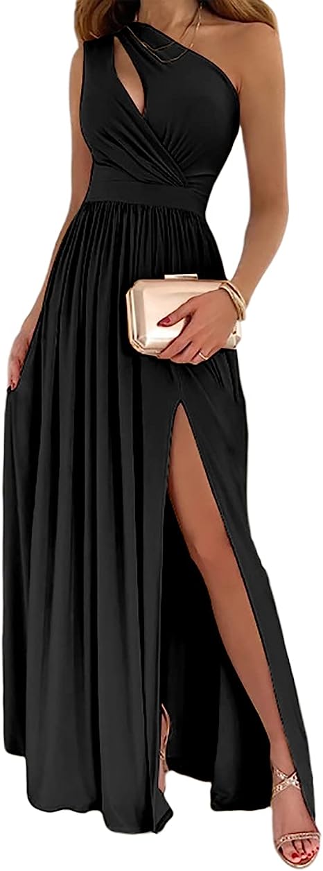 Women's One Shoulder High Split Cutout Sleeveless Elegant Sexy Cocktail Maxi Dress Dresses