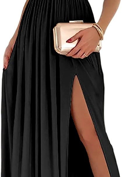 Women's One Shoulder High Split Cutout Sleeveless Elegant Sexy Cocktail Maxi Dress Dresses
