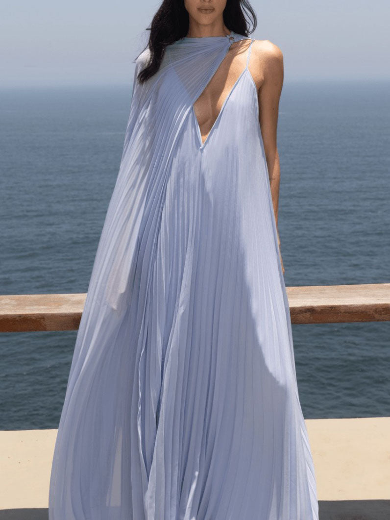Elegant V-neck Pleated Flowy Maxi Dress Dresses