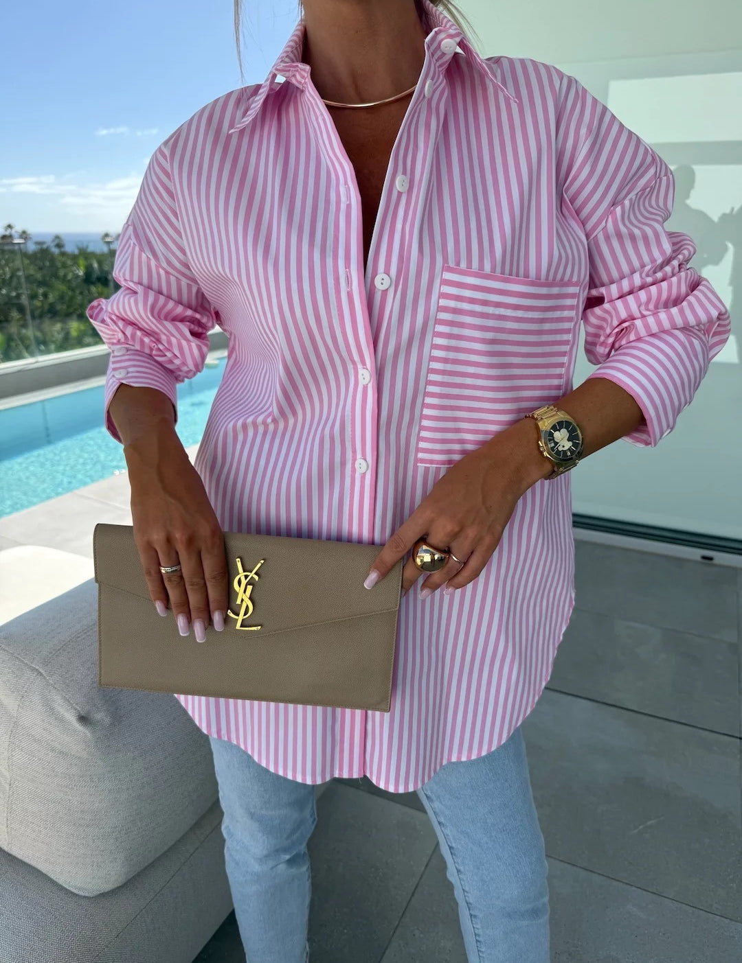 Spring Summer Women’s Striped Lapel Shirt Pink Shirts