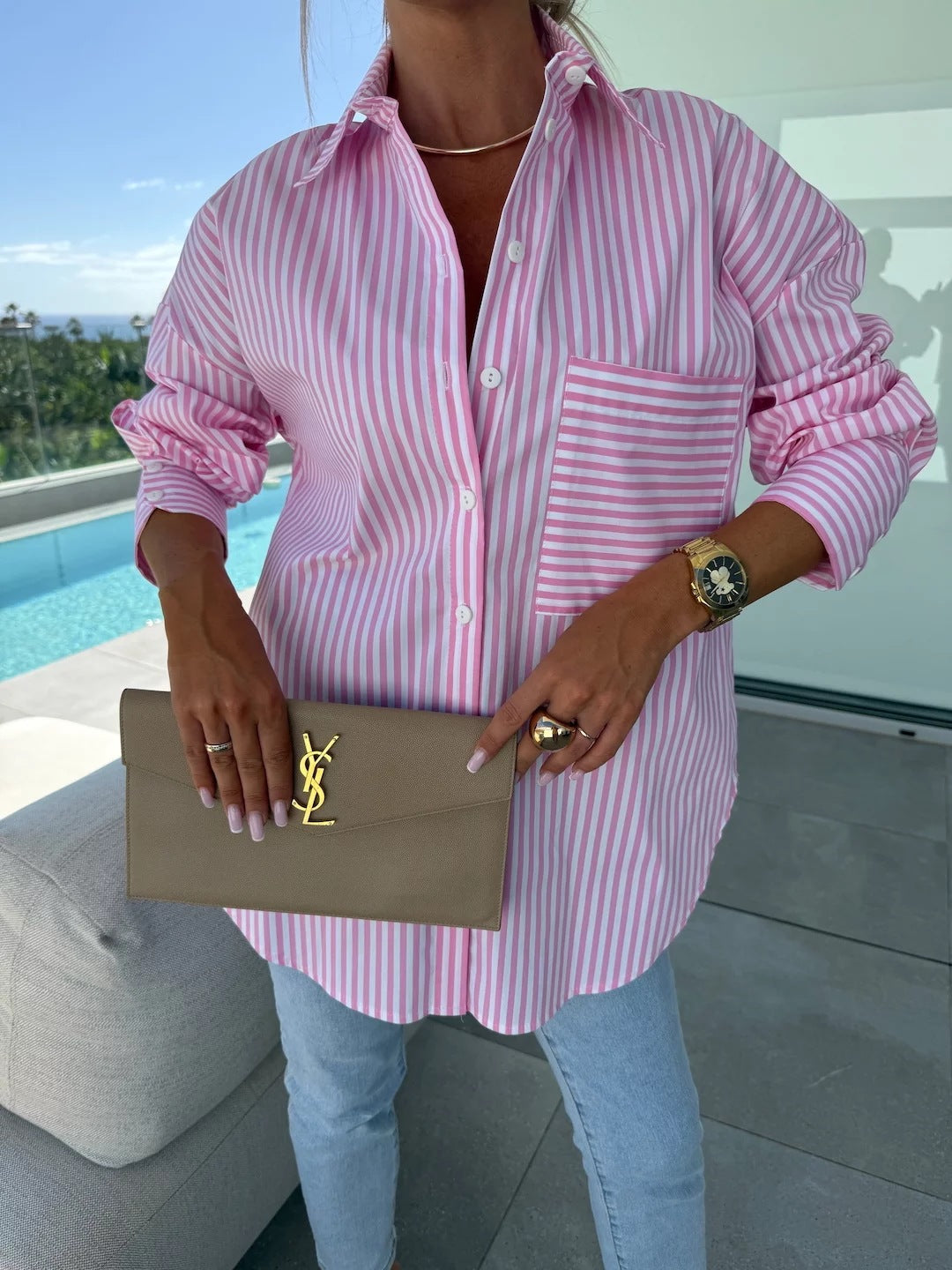 Spring Summer Women’s Striped Lapel Shirt Pink Shirts