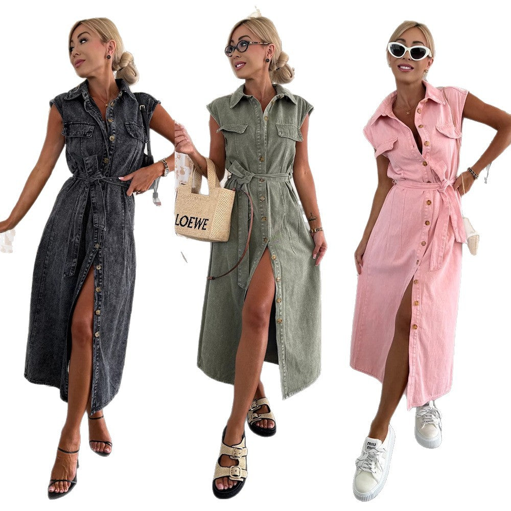 Women’s Sleeveless Lace‑Up Denim Midi Dress with Pockets & Lapel Dresses