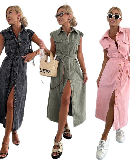 Women’s Sleeveless Lace‑Up Denim Midi Dress with Pockets & Lapel Dresses