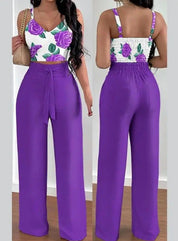 Women's Two-Piece Sleeveless V-Neck Vest & High-Waist Wide-Leg Pants Set Purple Sets