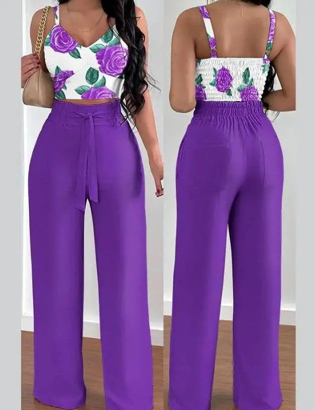 Women's Two-Piece Sleeveless V-Neck Vest & High-Waist Wide-Leg Pants Set Purple Sets