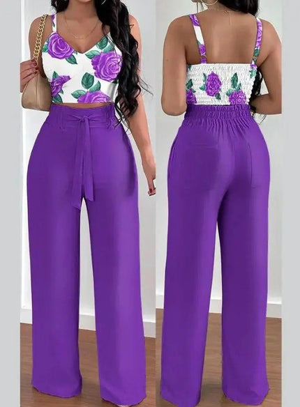 Women's Two-Piece Sleeveless V-Neck Vest & High-Waist Wide-Leg Pants Set Purple Sets