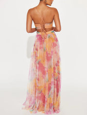Elegant Painted Floral Print V-Neck A-Line Maxi Dress Dresses