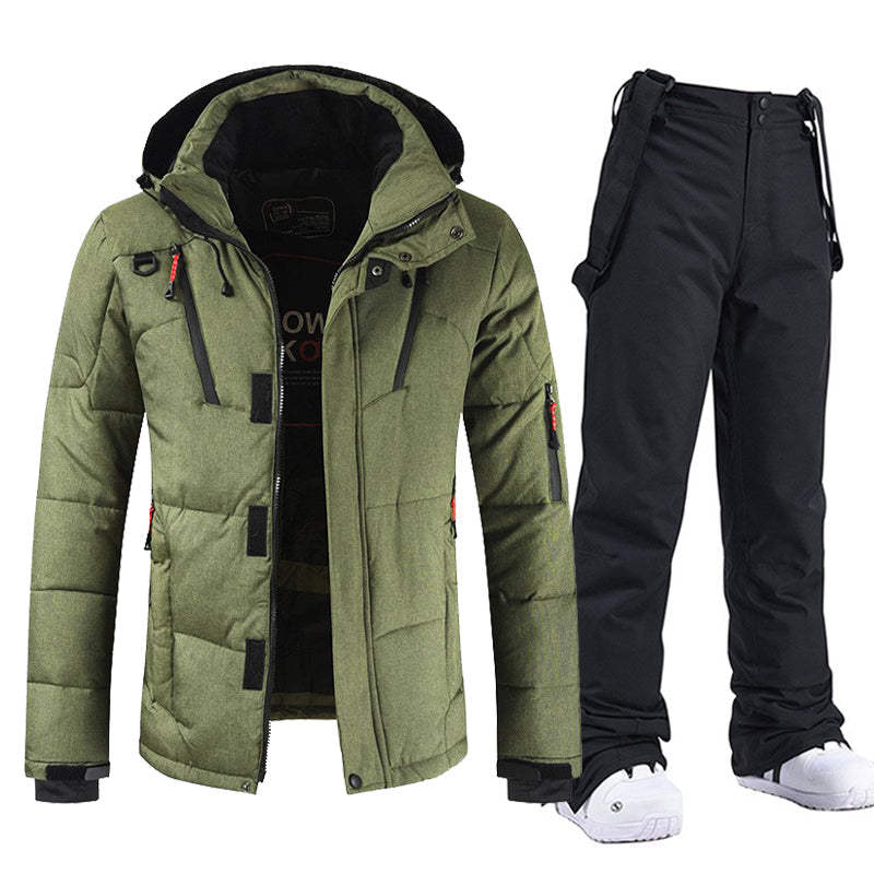 Men's Windproof and Waterproof Ski Suit with Hood and Bib Pants Army green and black Jacket