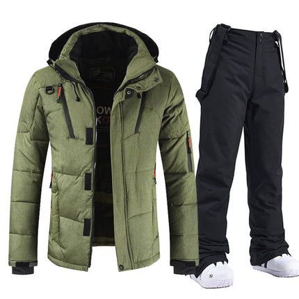 Men's Windproof and Waterproof Ski Suit with Hood and Bib Pants Army green and black Jacket