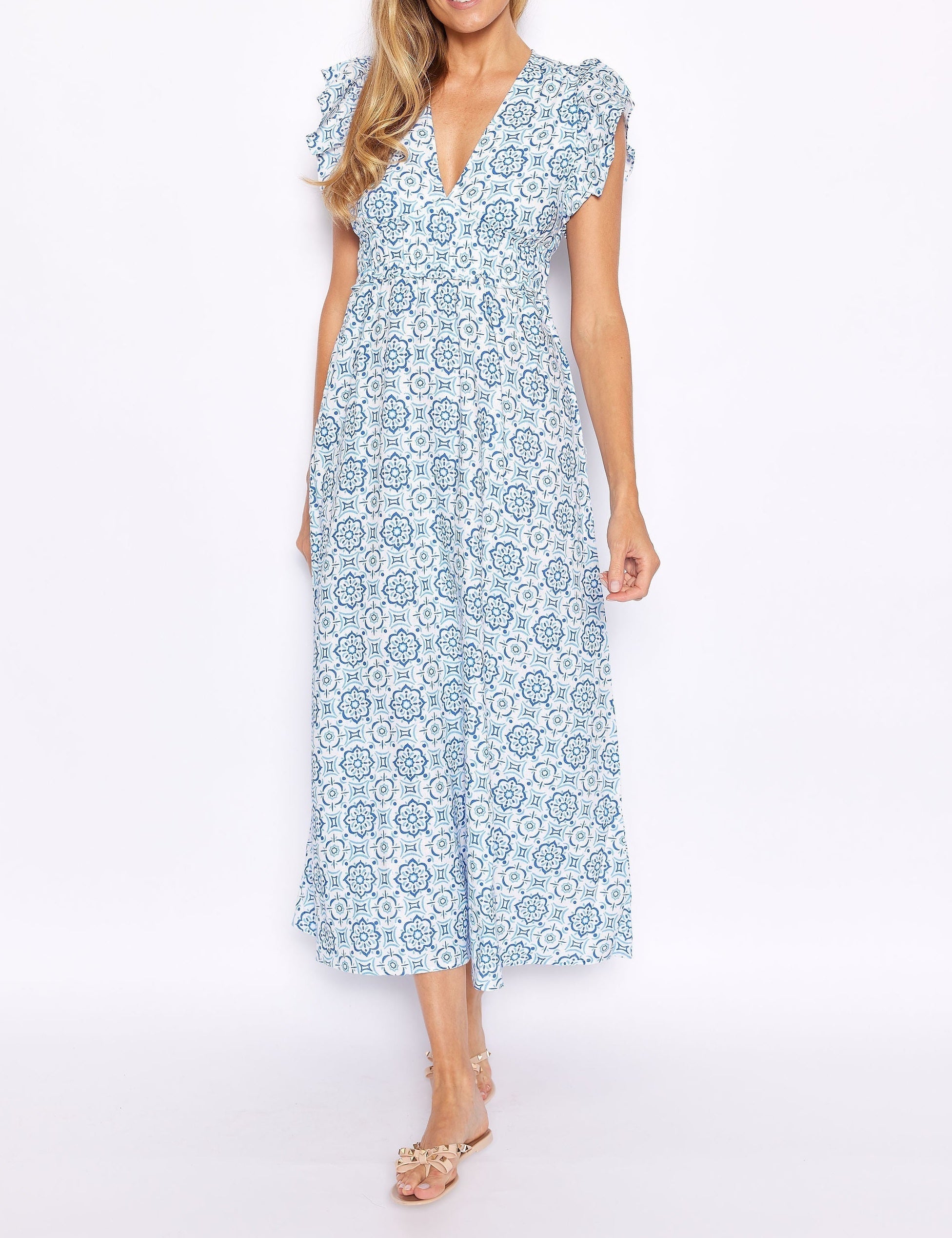 Blue Medallion V Neck Flutter Maxi Dress Dresses