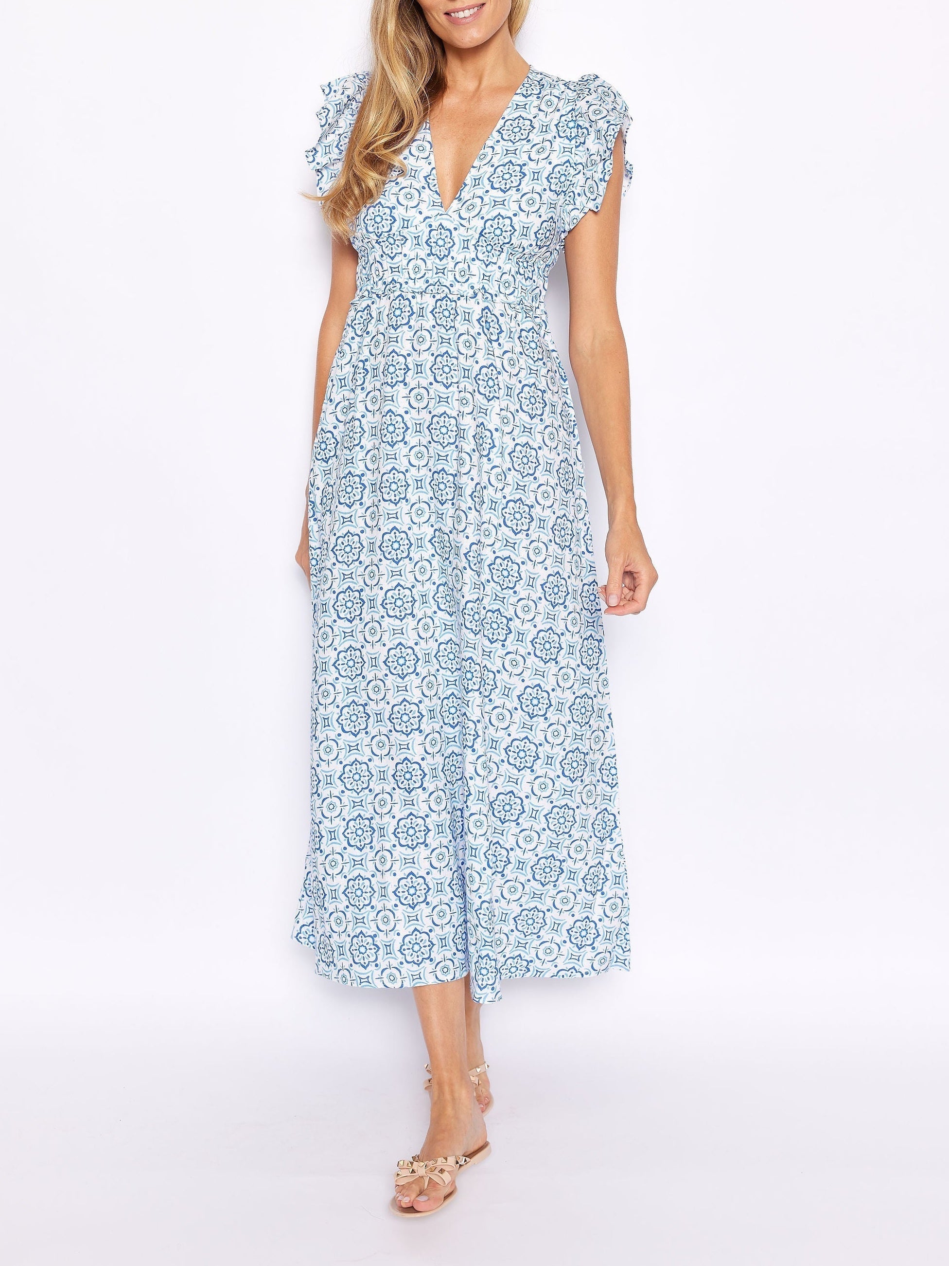 Blue Medallion V Neck Flutter Maxi Dress Dresses