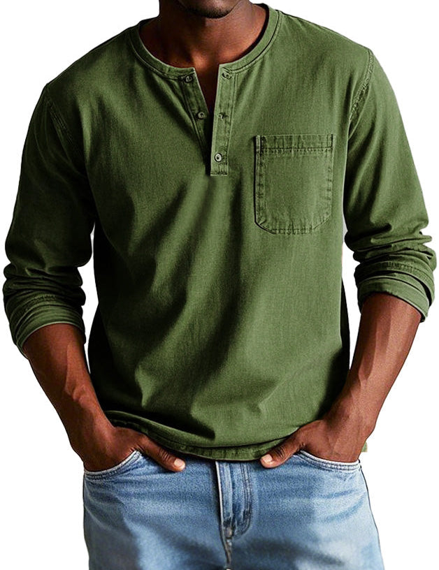 Timeless Long Sleeve Henley Shirt Olive Green Men Shirts