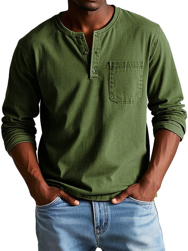 Timeless Long Sleeve Henley Shirt Olive Green Men Shirts